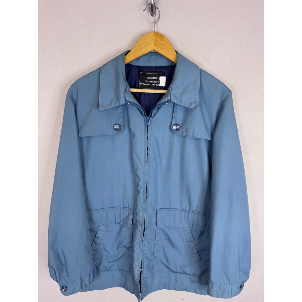Vintage Sears The Mens Store Blue Harrington Jacket Full Zip Pockets Mens Medium